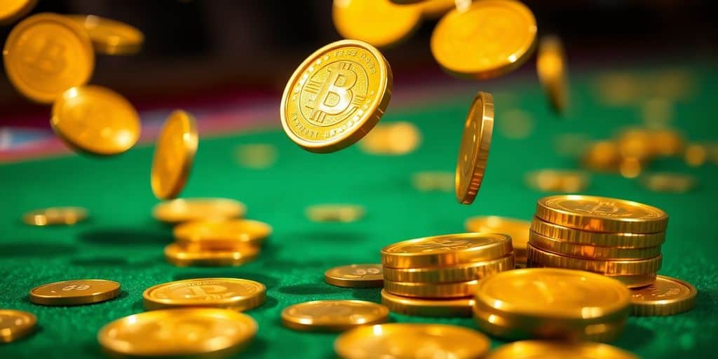 Spinning gold coins falling on a casino table.