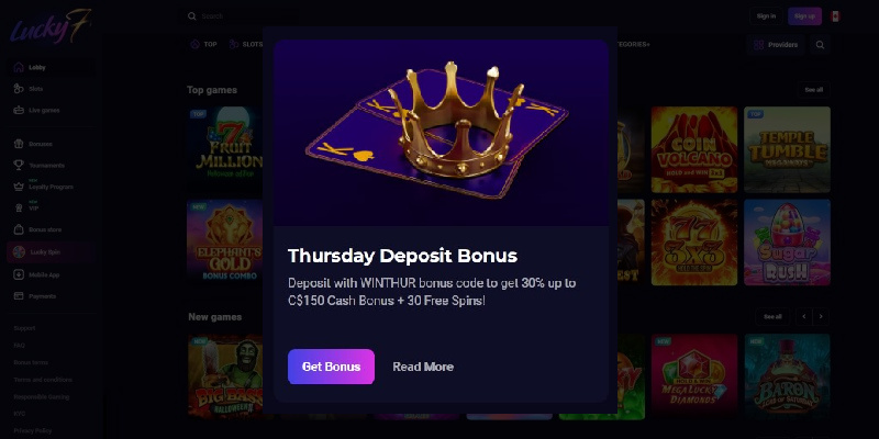 Lucky7even Casino CA Bonus Thursday