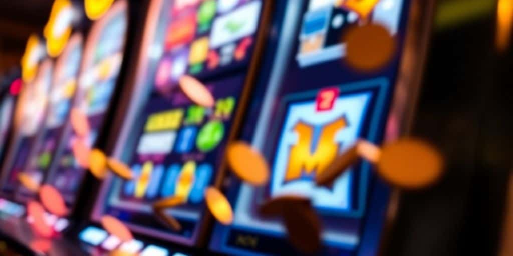 Spinning casino reels with bright coins.