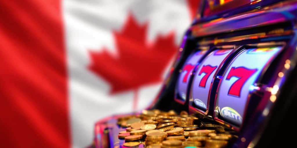 Spinning slot machine reels, coins, Canadian flag.