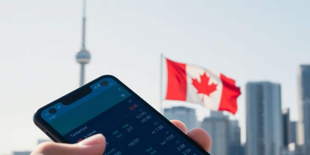Toronto skyline, Canadian flag, betting odds on phone.