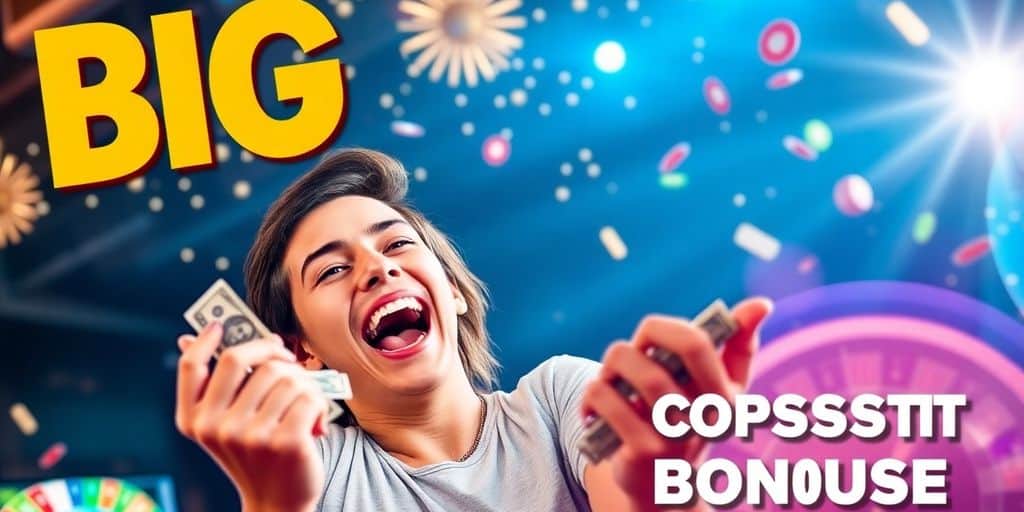 Person celebrating with cash and casino chips in excitement.
